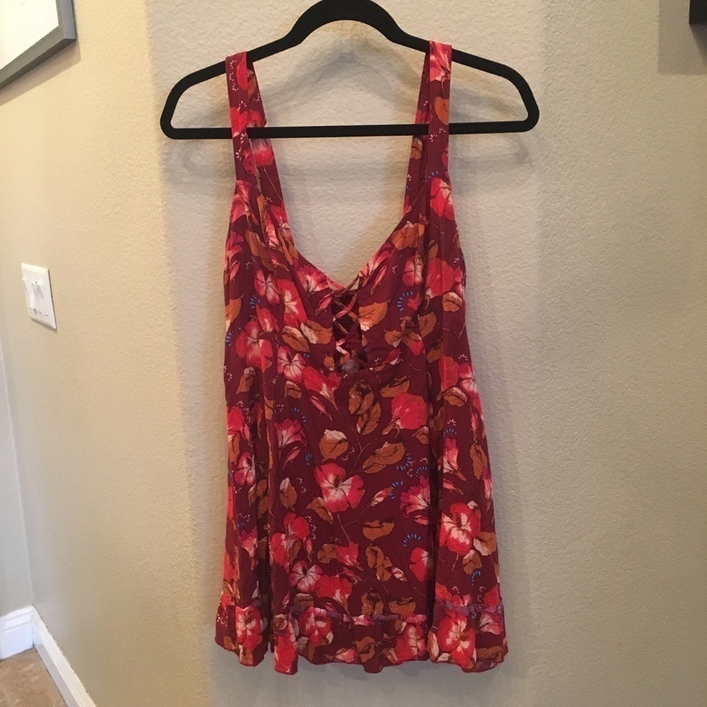Free People Intimately Women Red Floral Mini Boho Dress Size Small